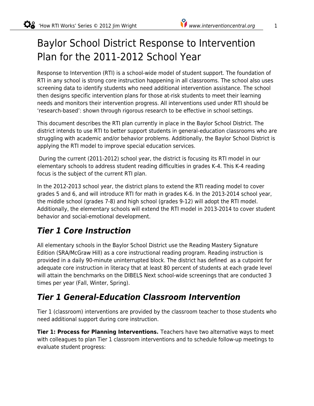 Baylor School District Response to Intervention Plan for the 2011-2012 School Year