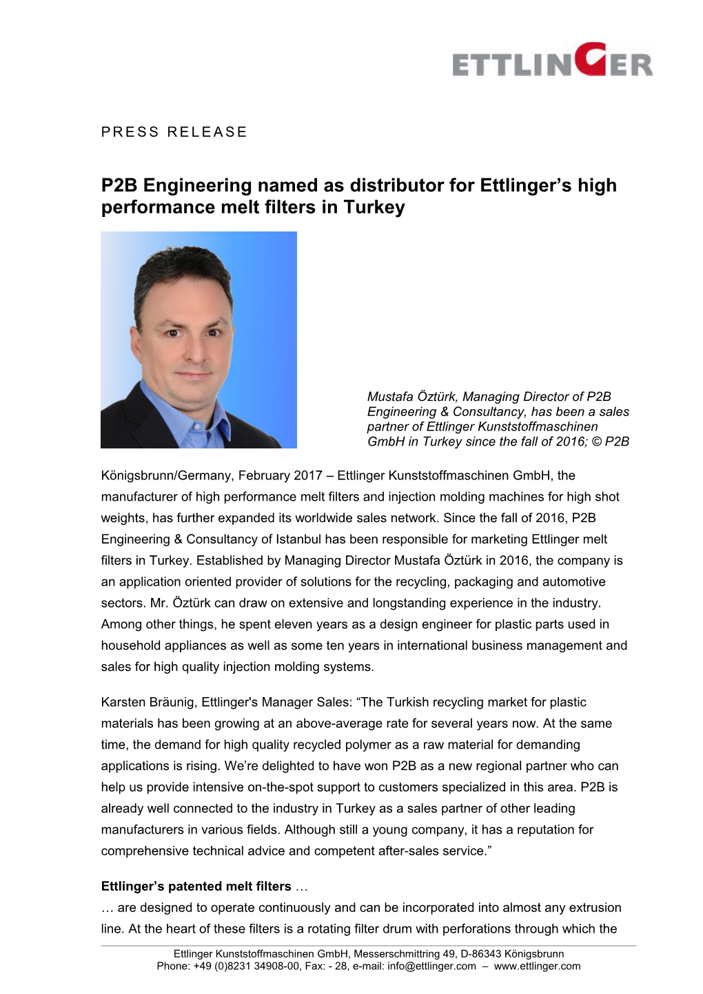 P2B Engineering Named As Distributor for Ettlinger S High Performance Melt Filters in Turkey