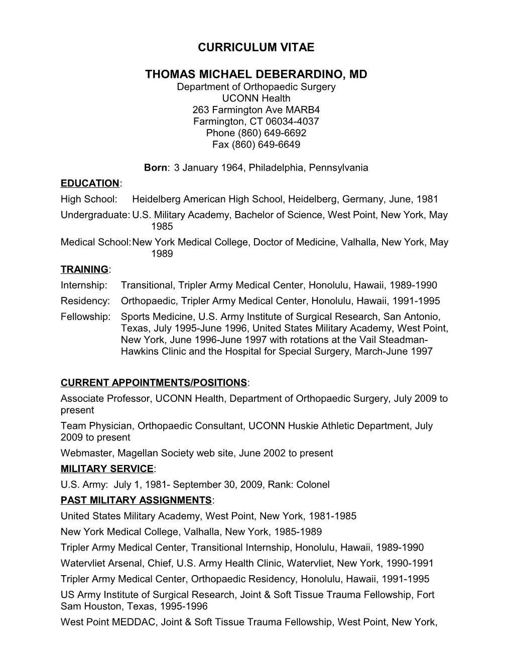 Curriculum Vitae Thomas Michael Deberardino, Md