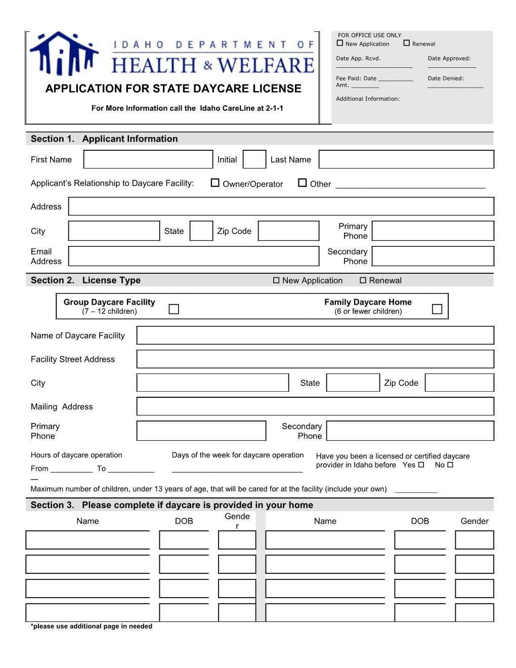 Application for State Daycare License