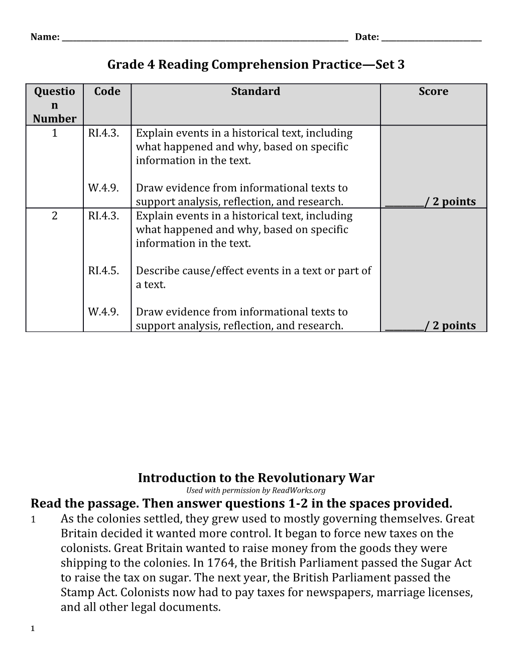 Grade 4Reading Comprehension Practice Set 3