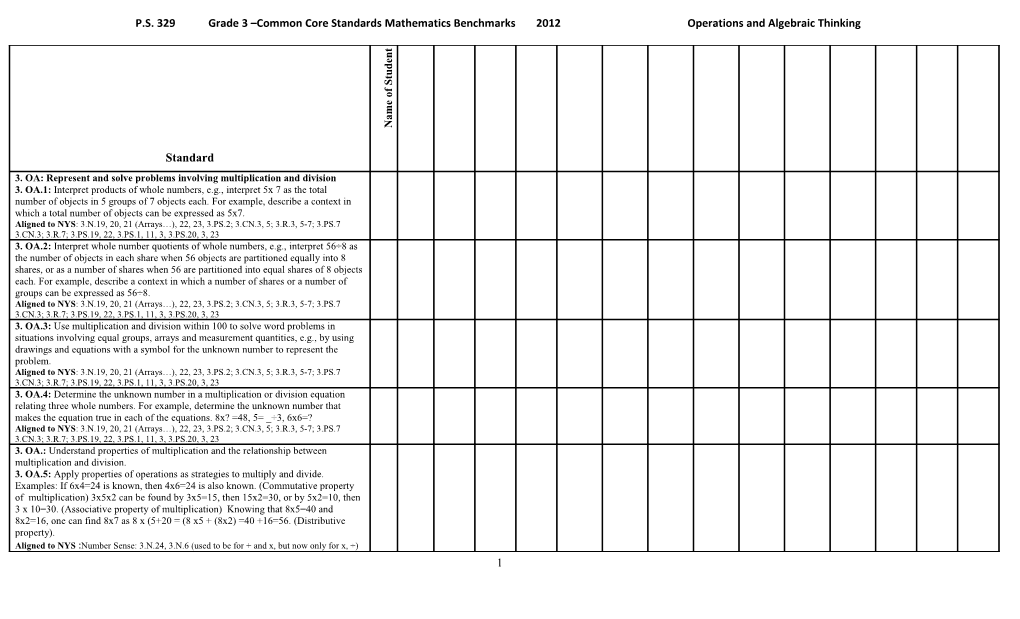 P.S. 329Grade 3 Common Core Standardsmathematics Benchmarks2012 Operations and Algebraic