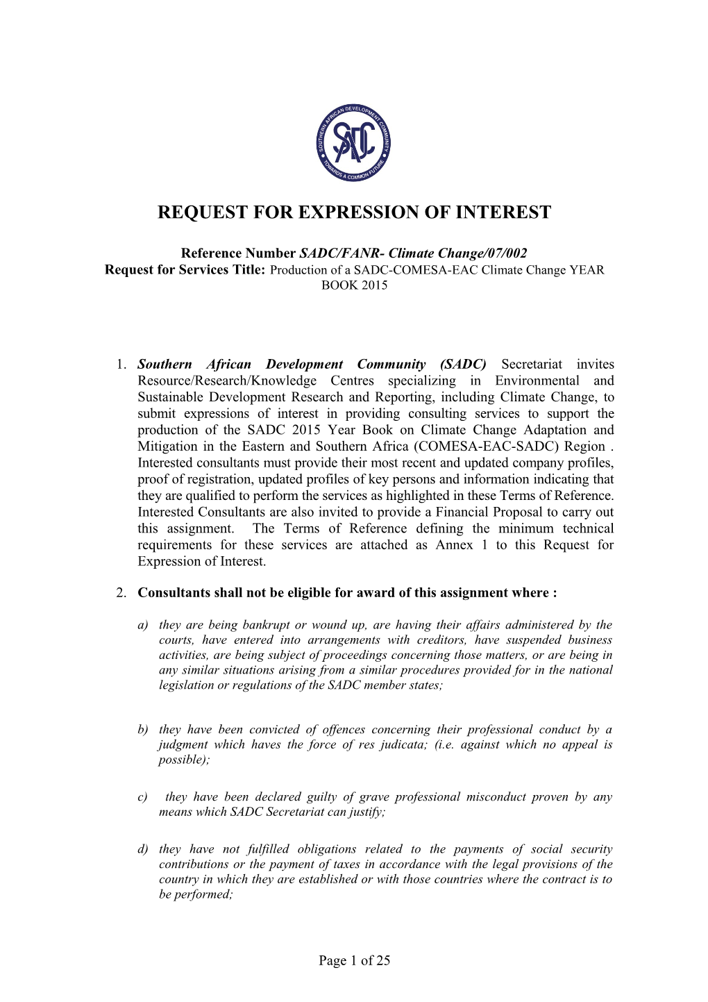 Request for Expression of Interest Number: SADC/SHD&SP/15/001