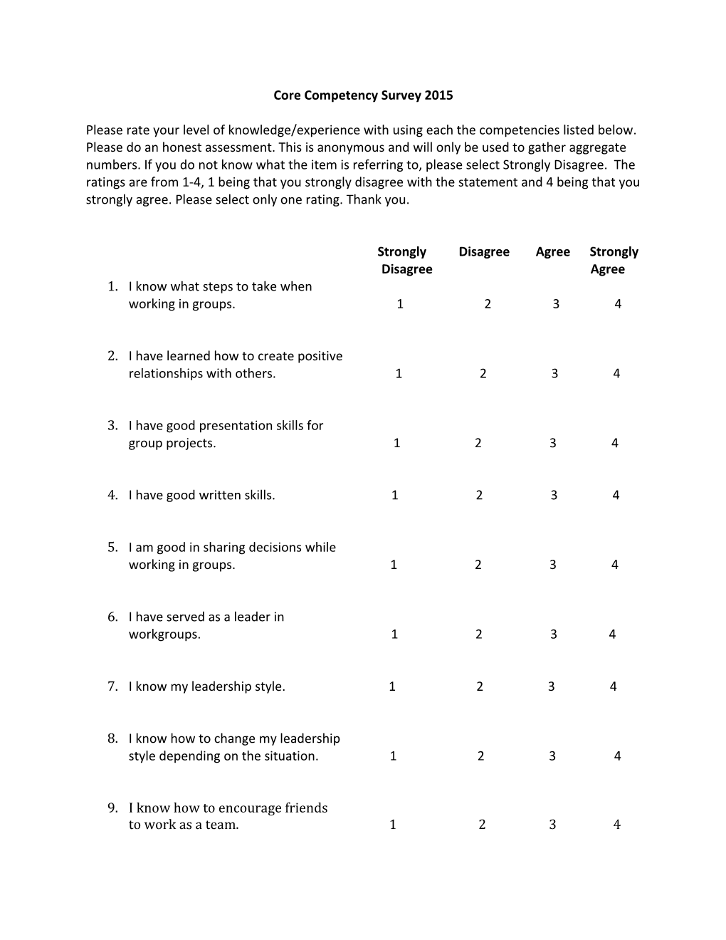 Core Competency Survey 2015