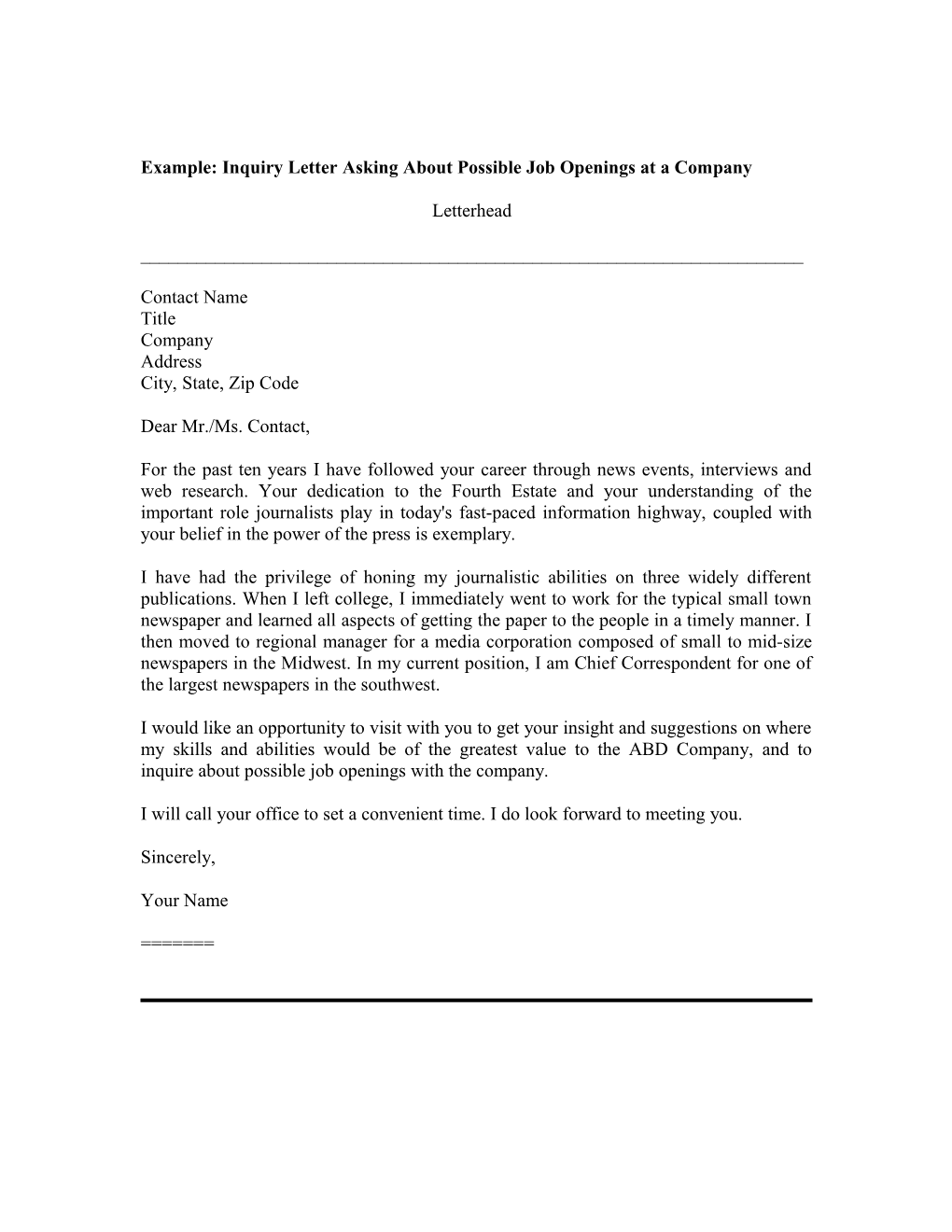 Example: Inquiry Letter Asking About Possible Job Openings at a Company