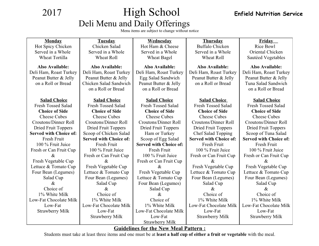 2017 High School Enfield Nutrition Service