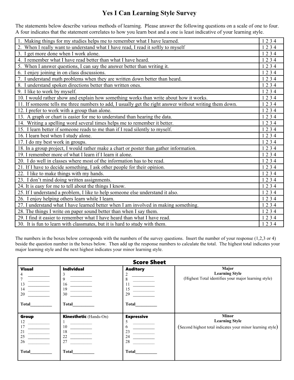 Anderson County Jr/Sr High Learning Style Survey