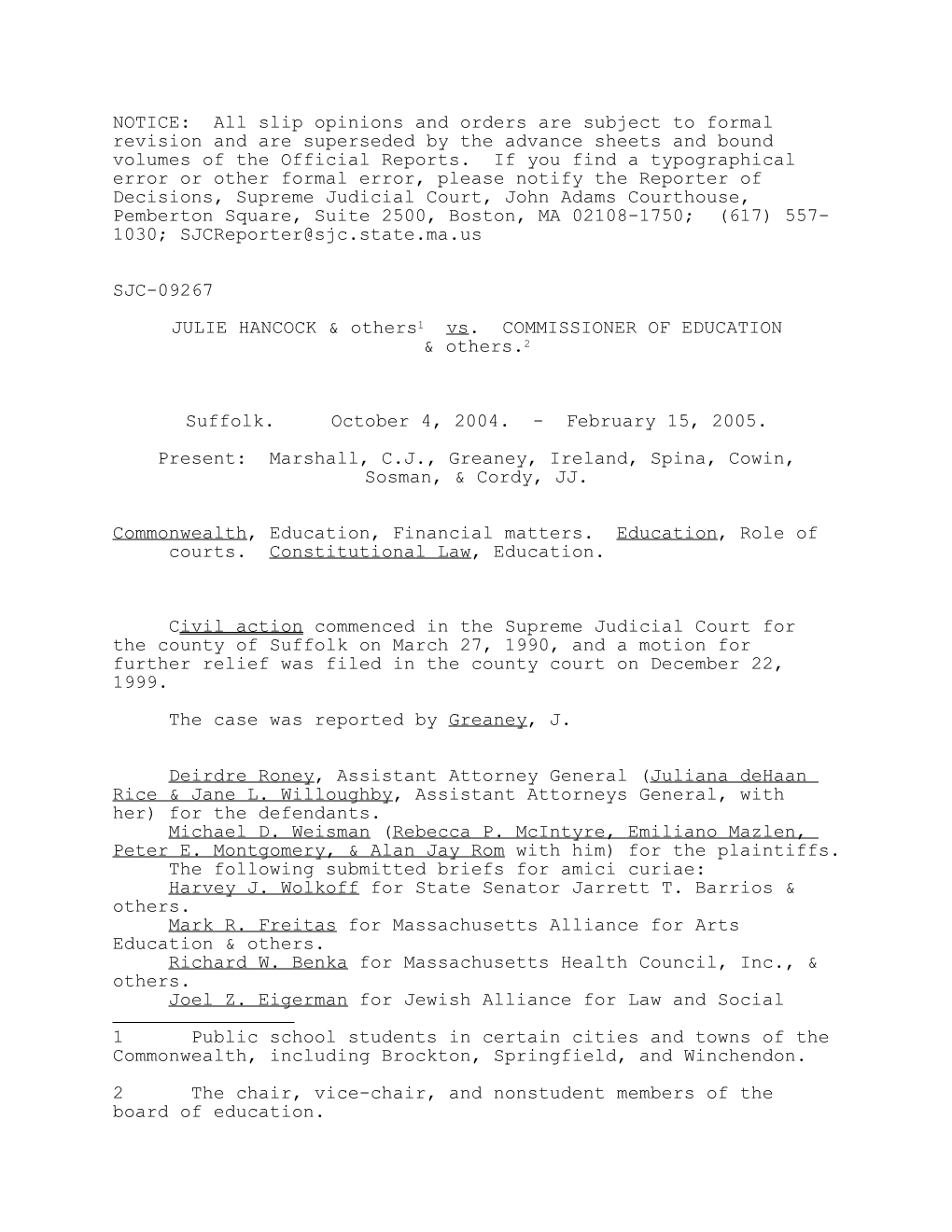 Hancock V Driscoll - Final Decision of the Supreme Judicial Court 2/2005