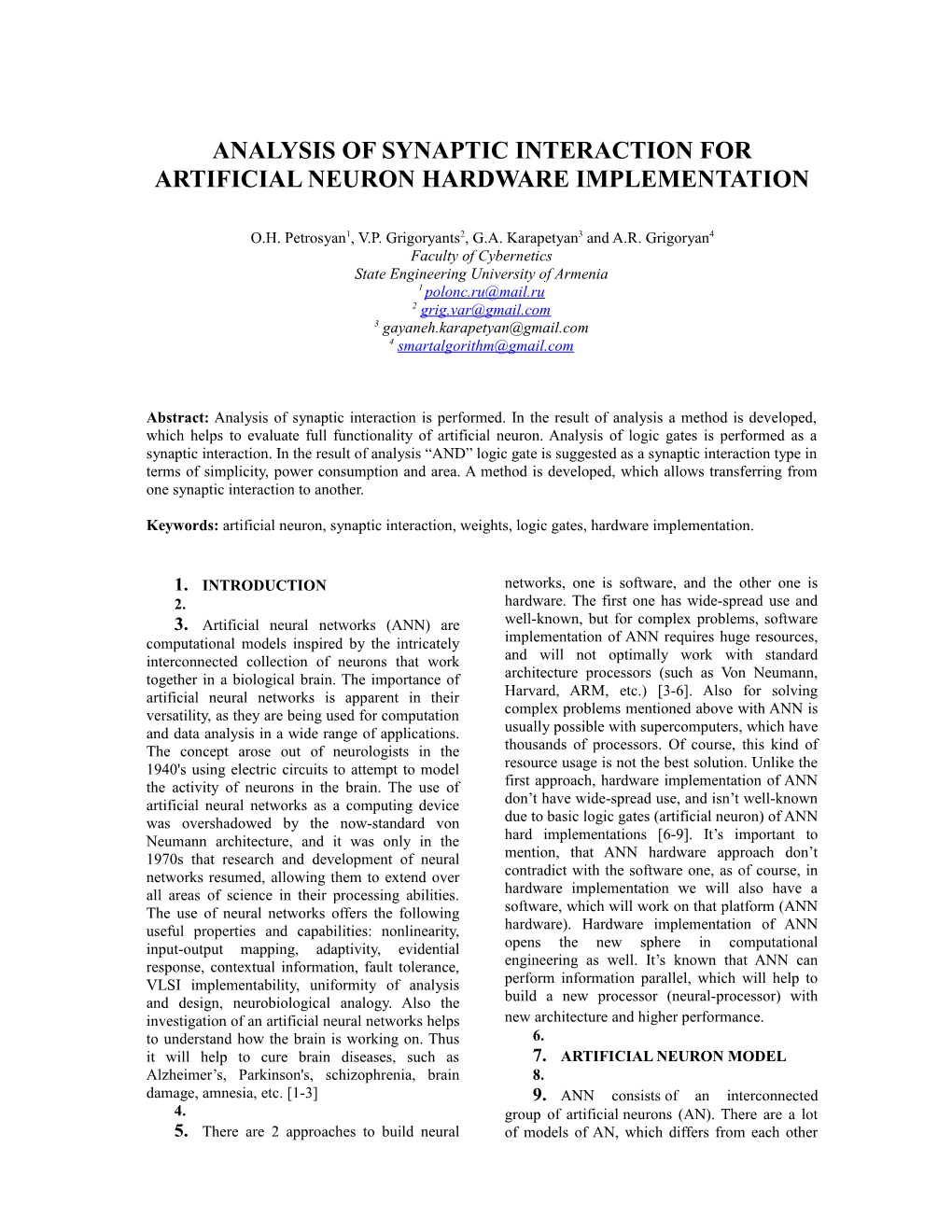 Analysis of Synaptic Interaction for Artificial Neuron Hardware Implementation