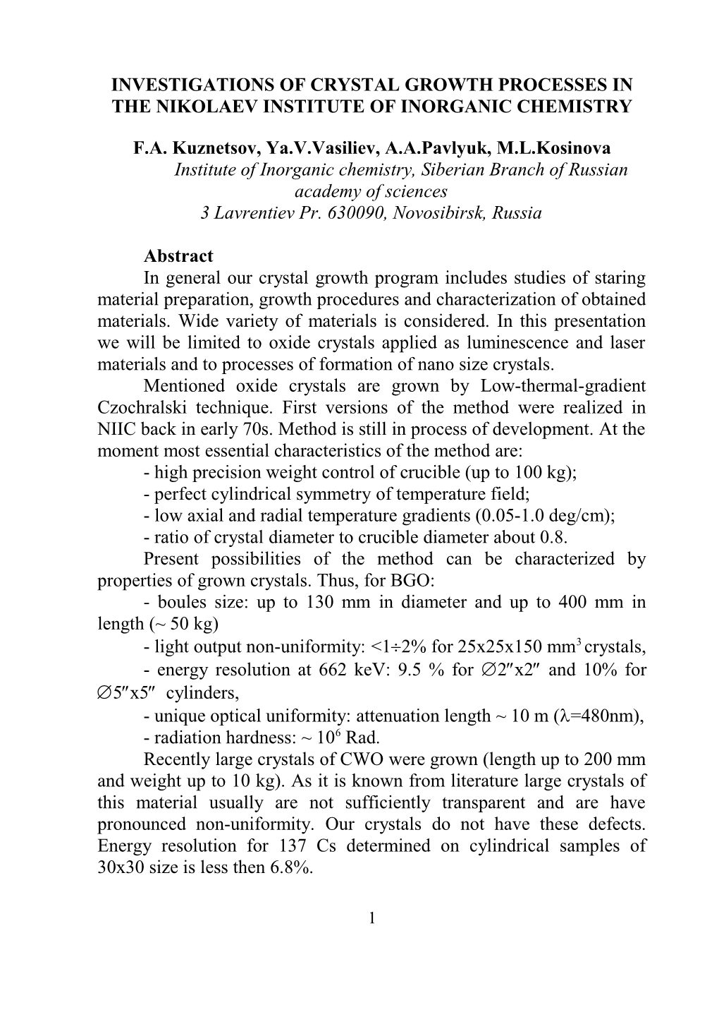 Investigations of Crystal Growth Processes in the Nikolaev Institute of Inorganic Chemistry