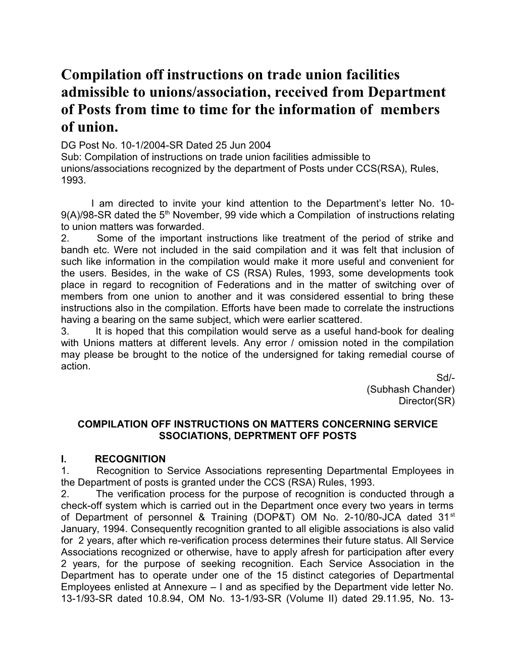 Compilation Off Instructions on Trade Union Facilities Admissible to Unions/Association