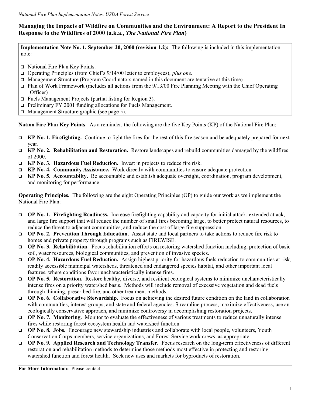 National Fire Plan Implementation Notes, USDA Forest Service