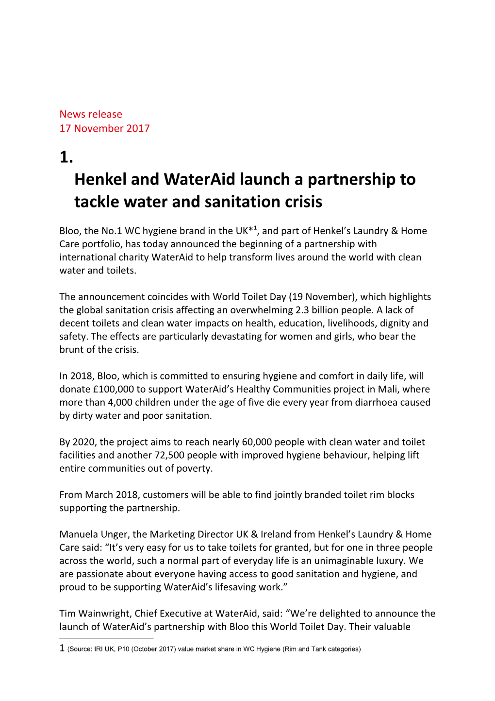 Henkel and Wateraid Launch a Partnership to Tackle Water and Sanitation Crisis