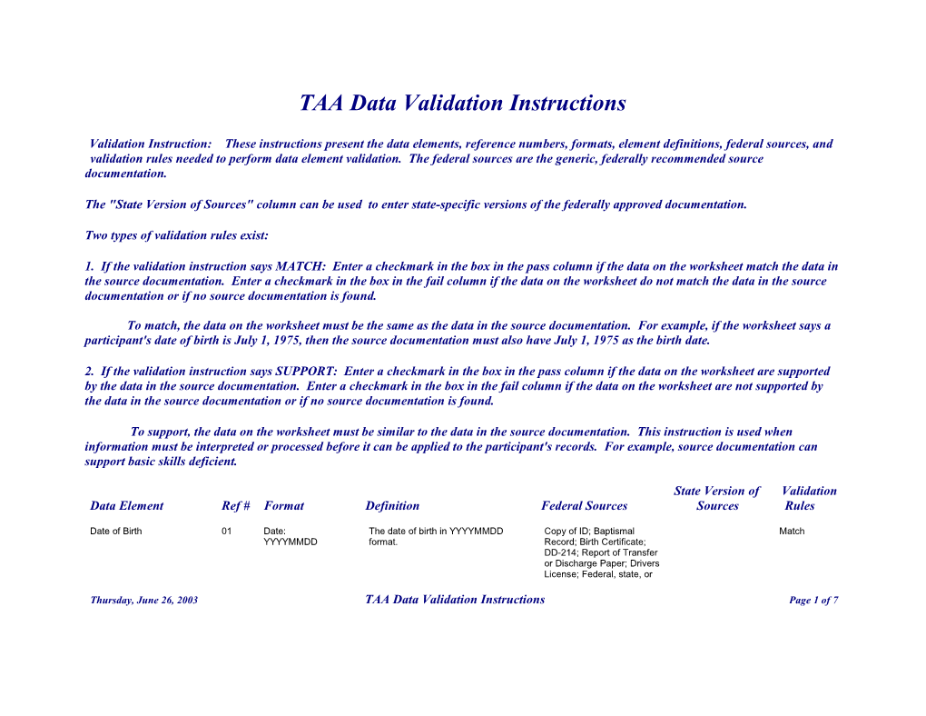 TAA Data Validation Instructions