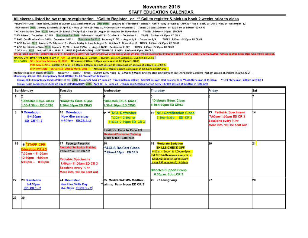 Staff Education Calendar