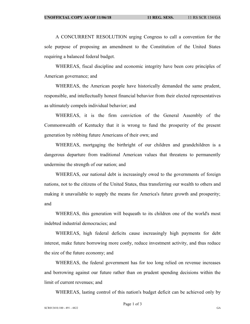 A CONCURRENT RESOLUTION Urging Congress to Call a Convention for the Sole Purpose of Proposing