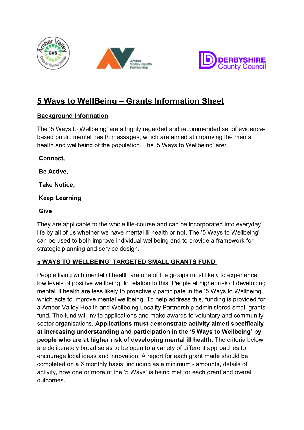 5 Ways to Wellbeing Grants Information Sheet