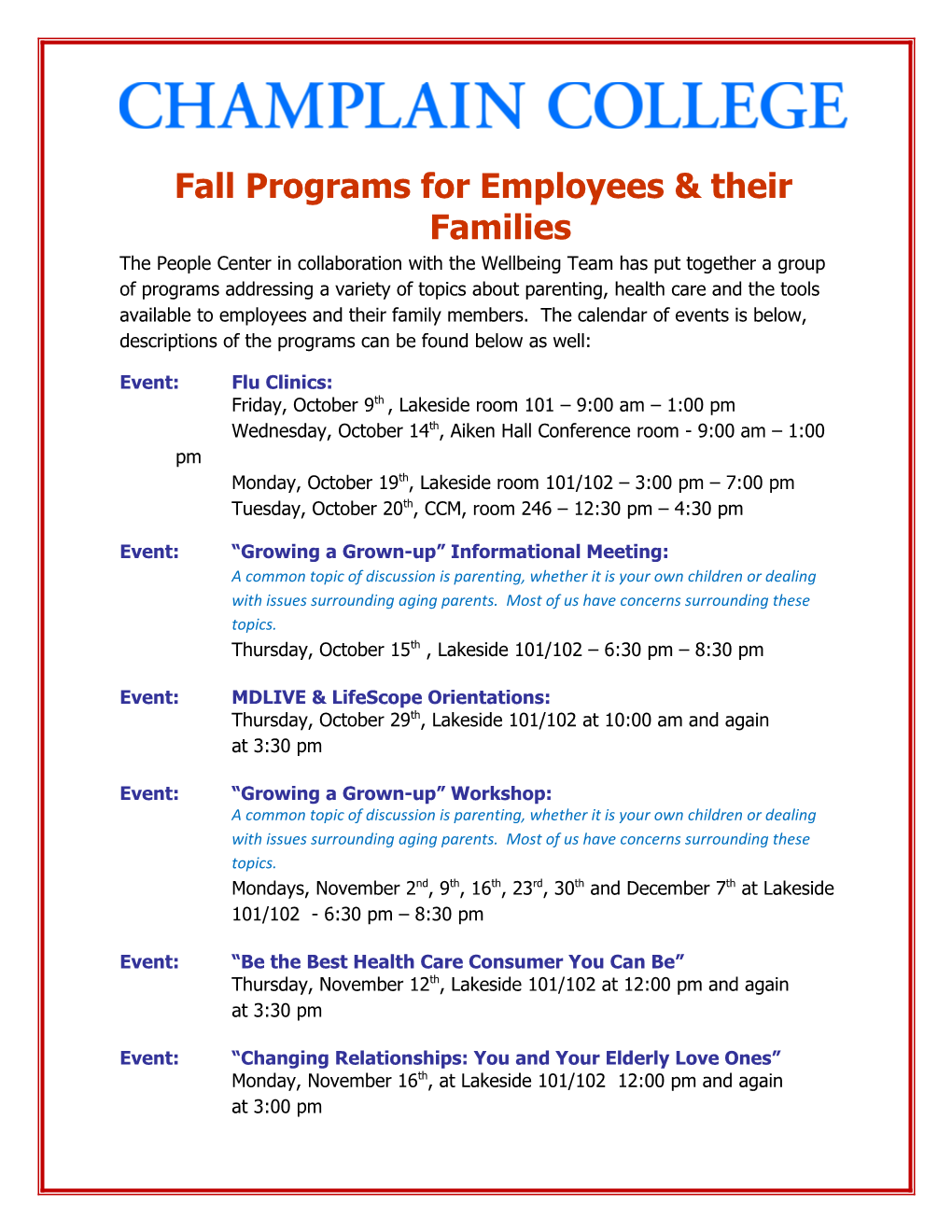 Fall Programs for Employees & Their Families