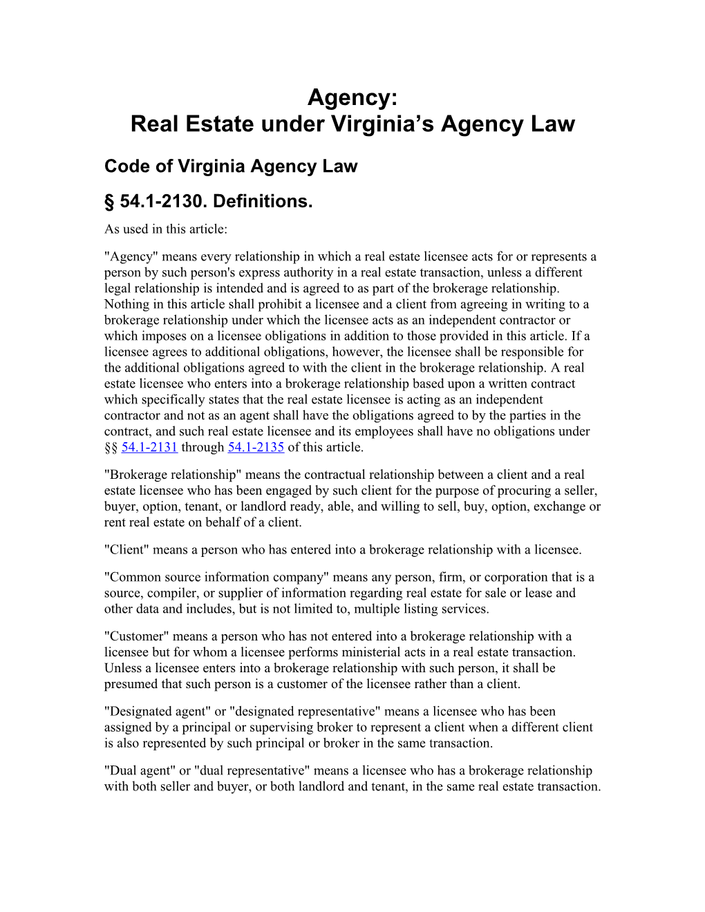 Real Estate Under Virginia S Agency Law