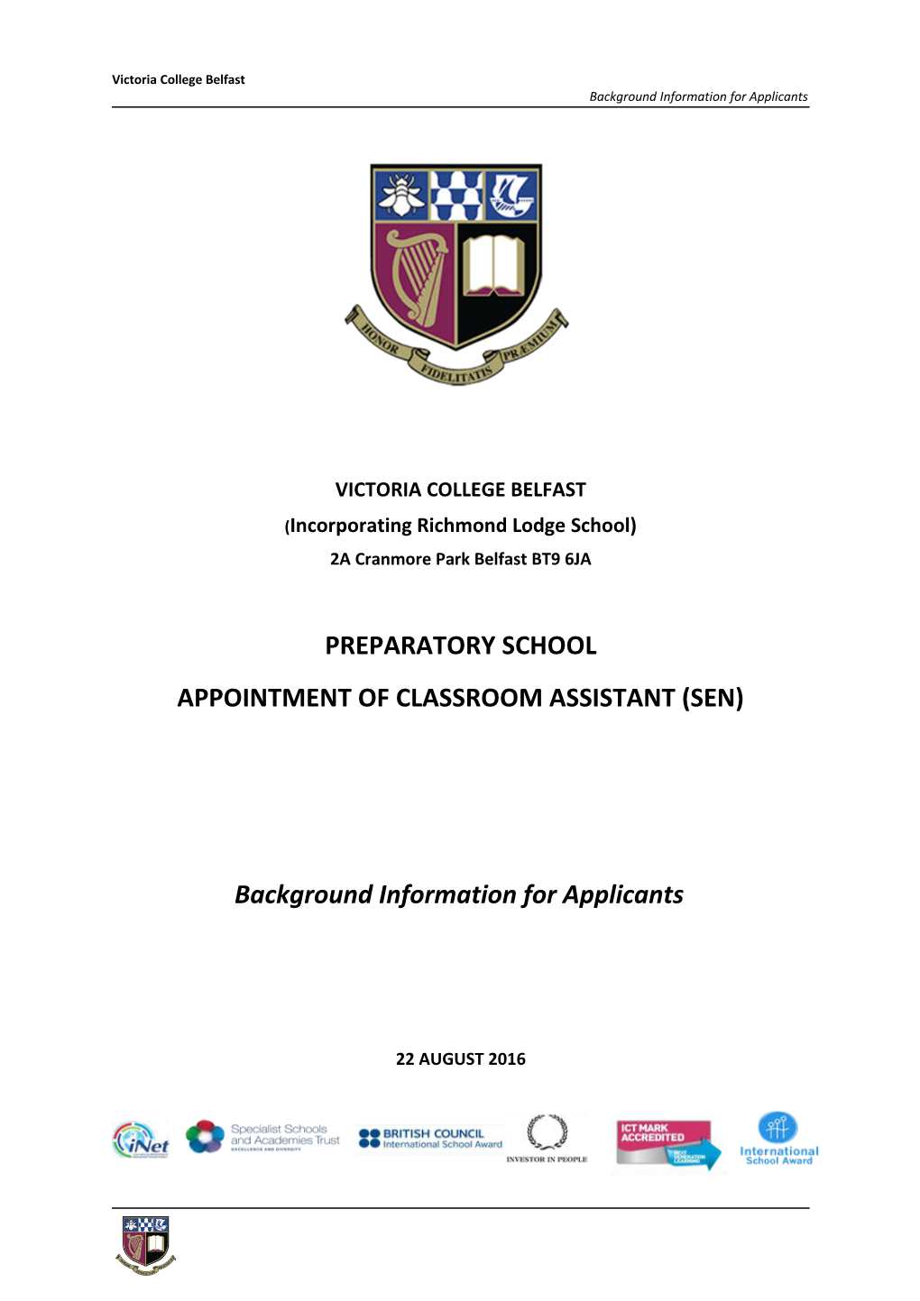 Victoria College Belfast Background Information for Applicants