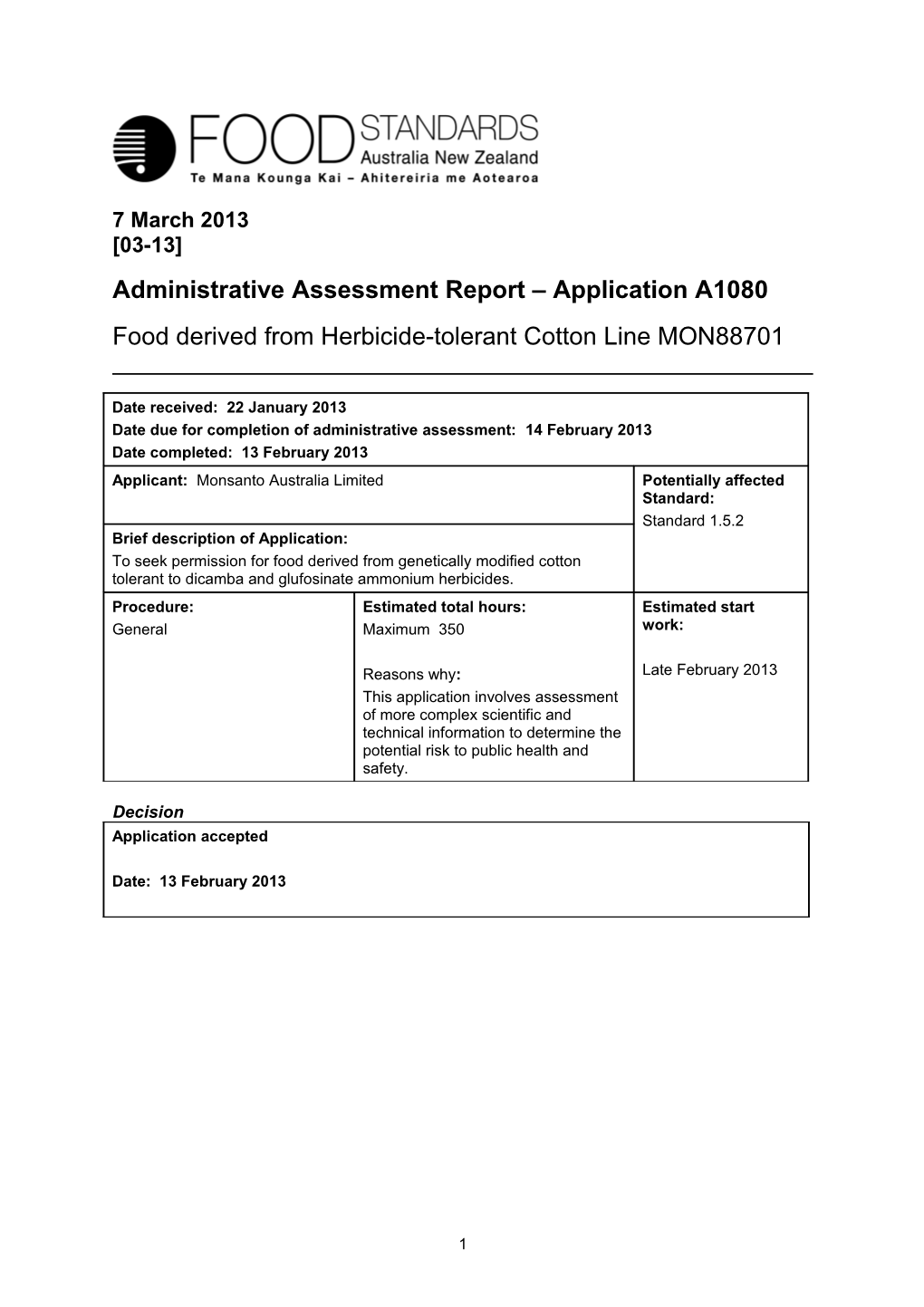Administrative Assessment Report Application A1080