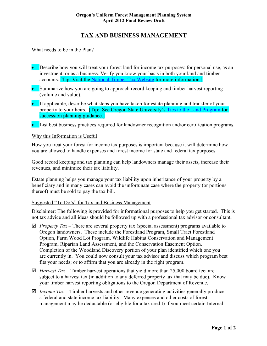 Oregon S Uniform Forest Management Planning System