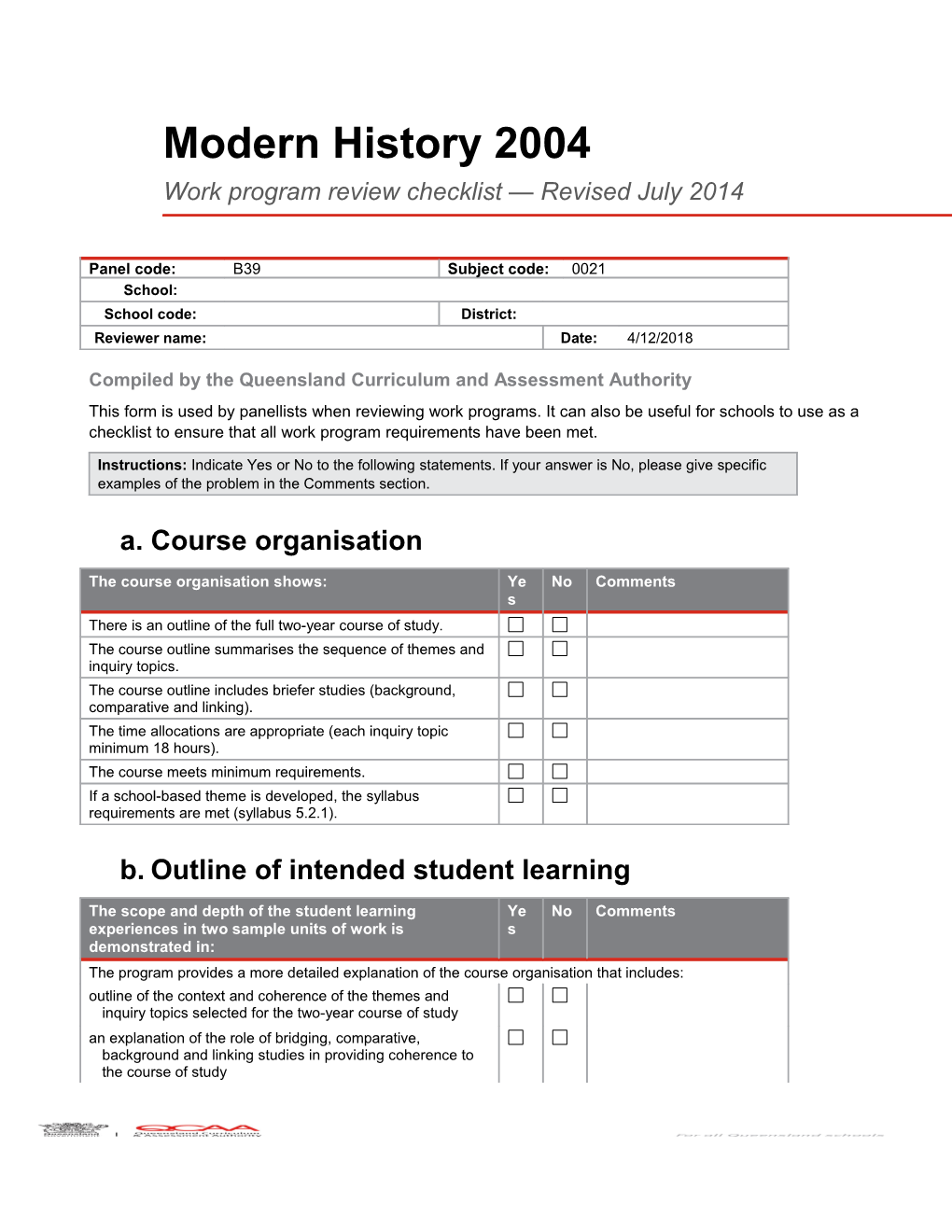 Modern History 2004 Work Program Checklist