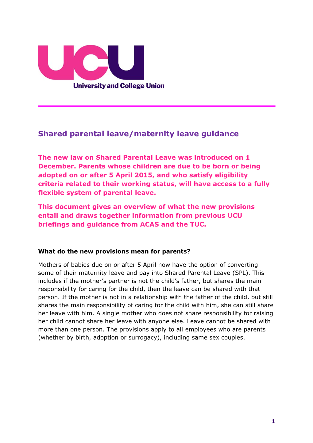 Shared Parental Leave/Maternity Leave Guidance