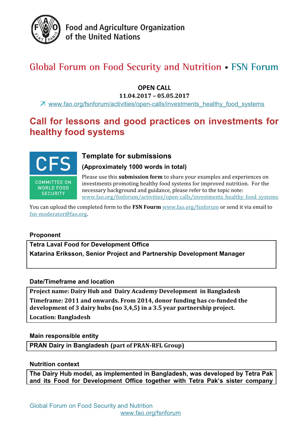 Call for Lessons and Good Practices on Investments for Healthy Food Systems