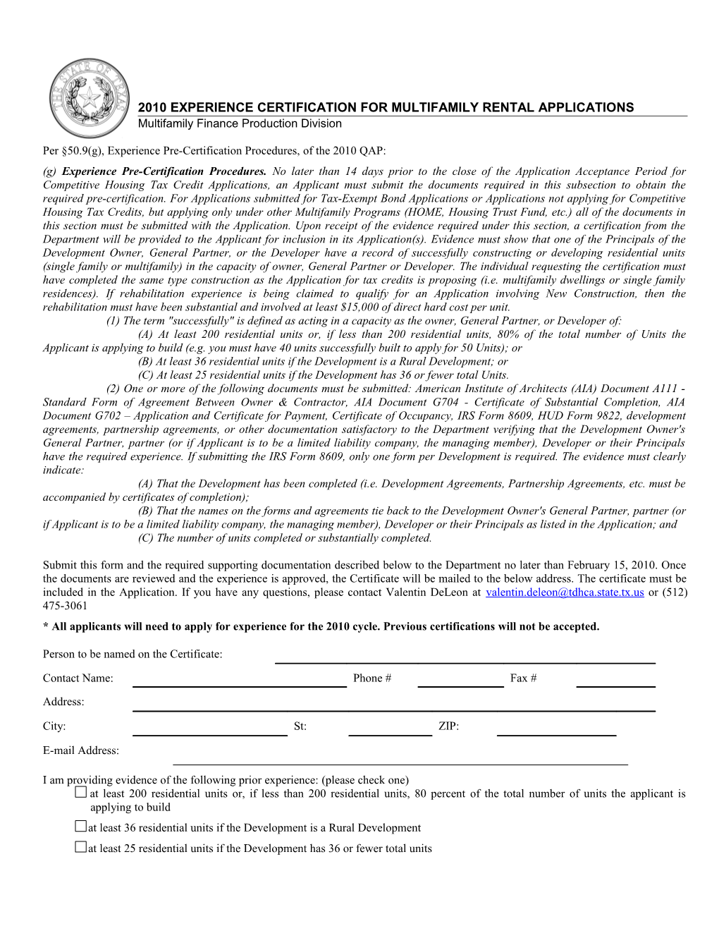 2010 Experience Certification Form