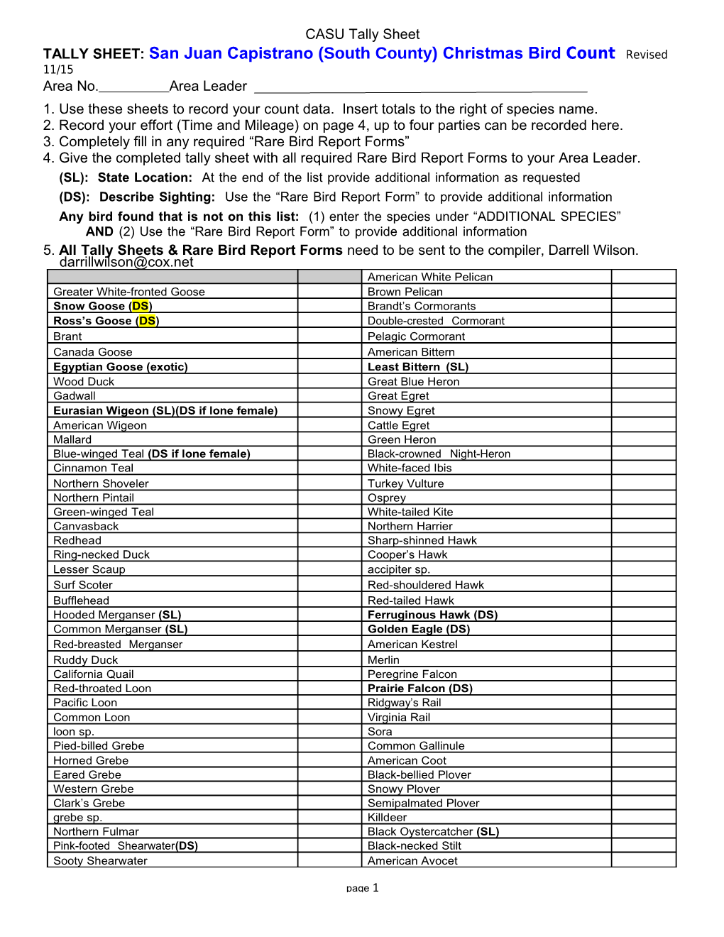 TALLYSHEET:Sanjuancapistrano(Southcounty)Christmasbirdcount Revised 11/15