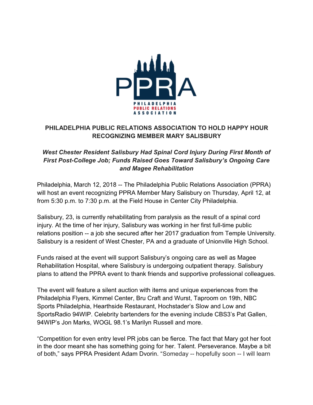 Philadelphia Public Relations Association to Hold Happy Hour Recognizing Member Mary Salisbury