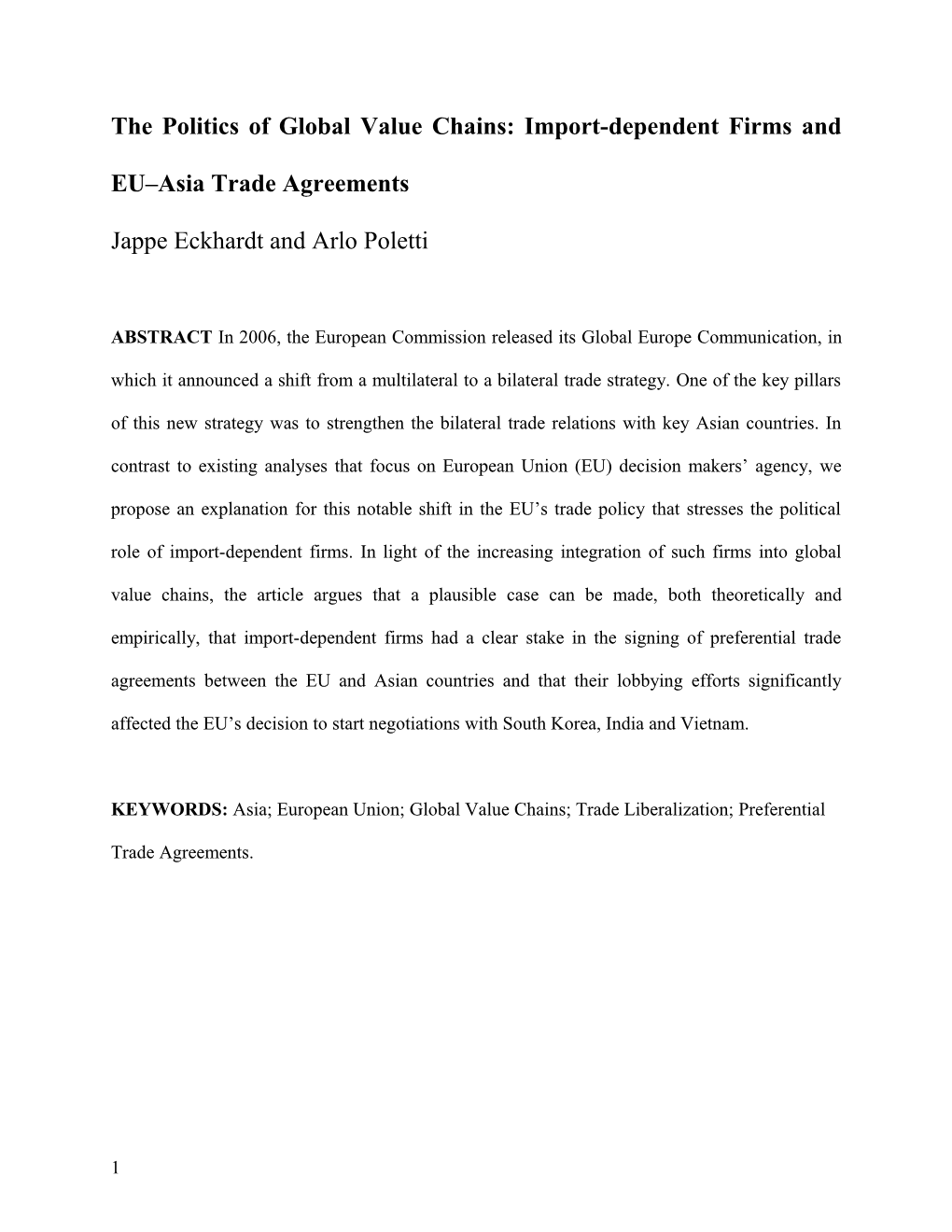 The Politics of Global Value Chains: Import-Dependent Firms and EU Asia Trade Agreements