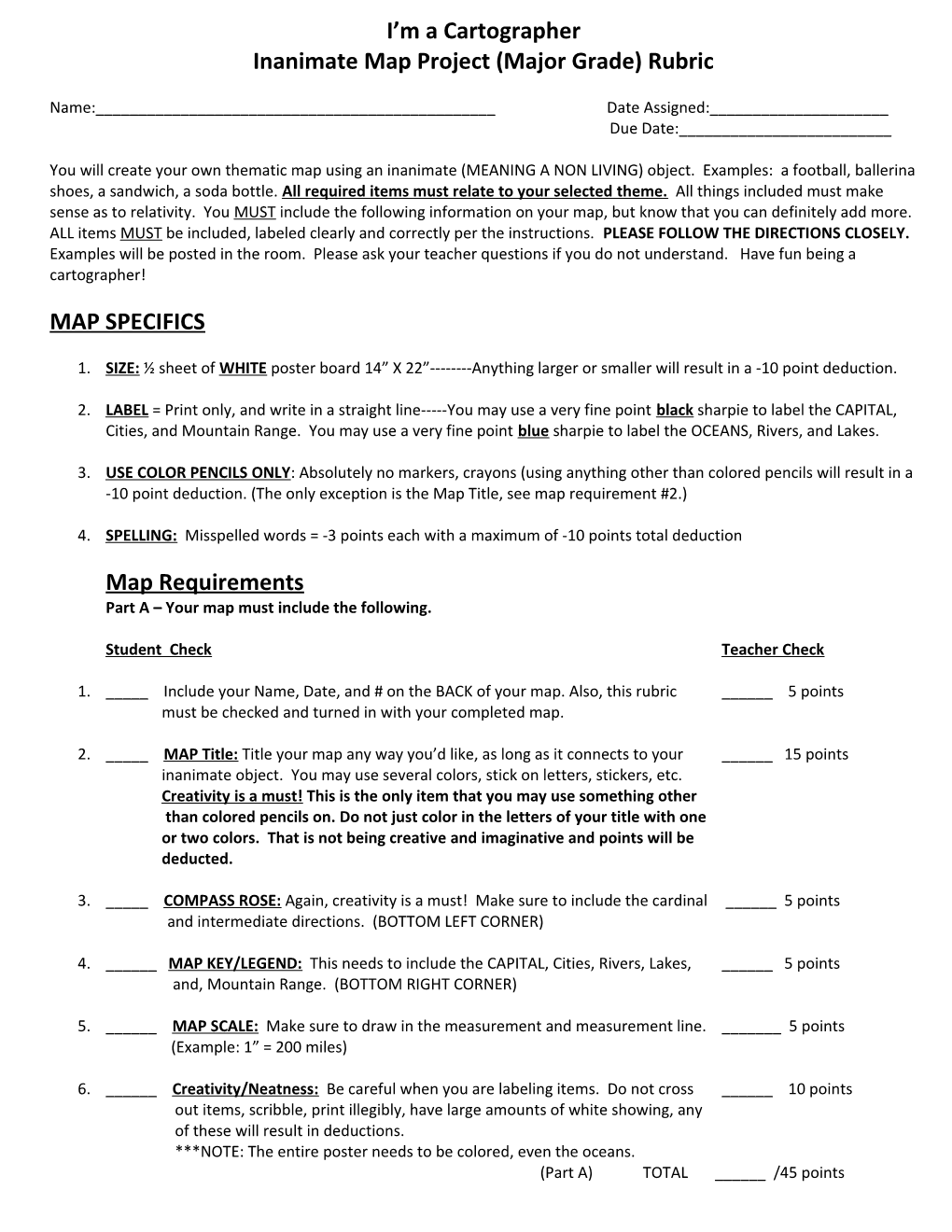 Inanimate Map Project (Major Grade) Rubric