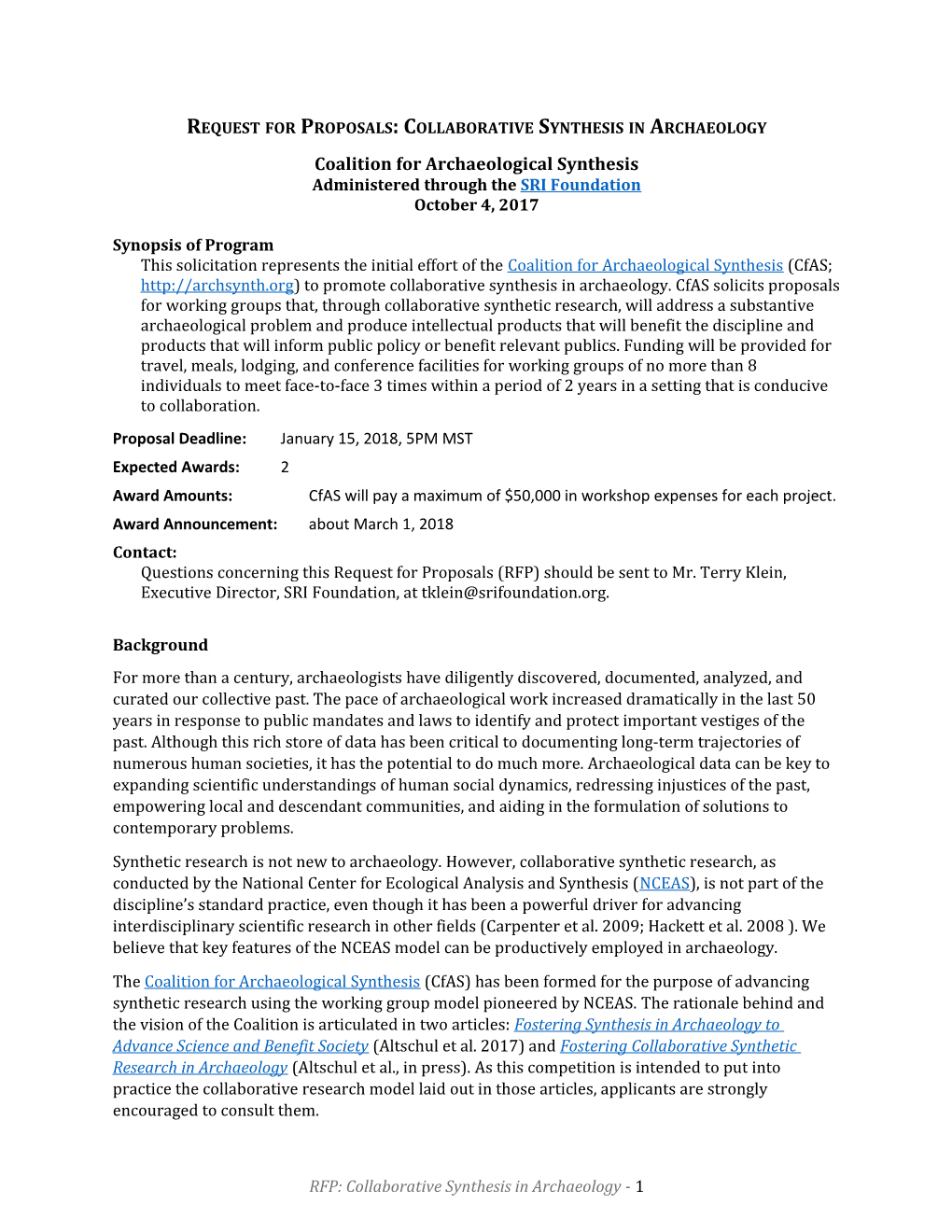Request for Proposals:Collaborative Synthesis in Archaeology