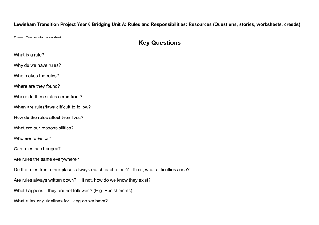 Lewisham Transition Project Year 6 Bridging Unit A: Rules and Responsibilities: Resources