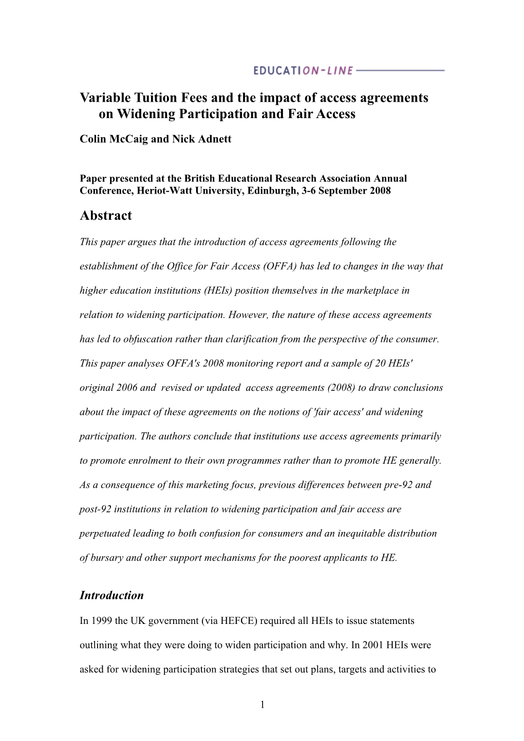 Variable Tuition Fees and the Impact of Access Agreements on Widening Participation And