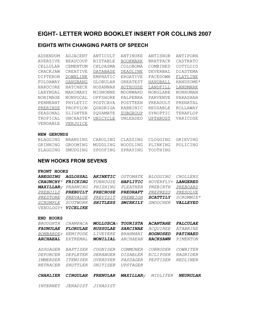 Eight- Letter Word Booklet Insert for Collins 2007