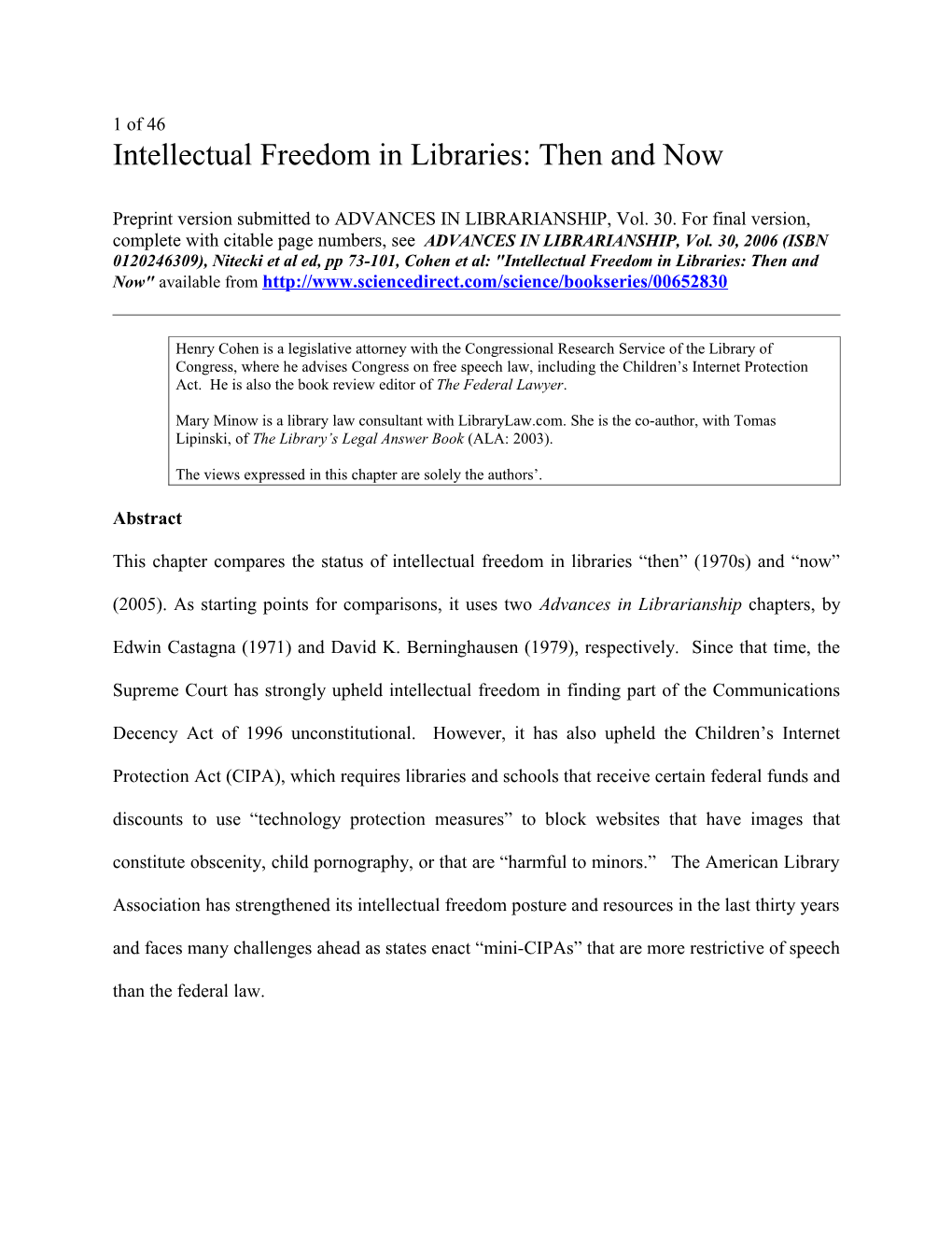 Intellectual Freedom in Libraries: Then and Now
