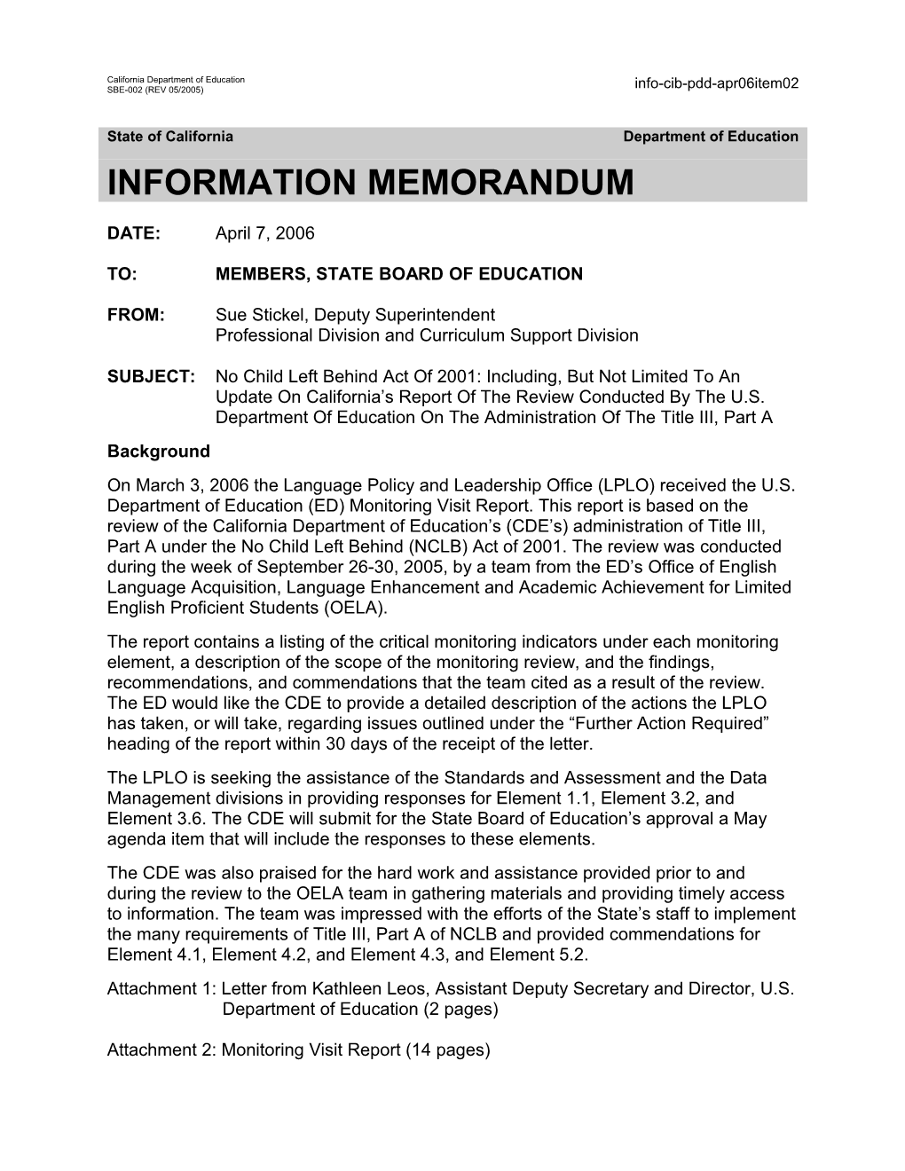 April 2006 PDD Item 2 - Information Memorandum (CA State Board of Education)