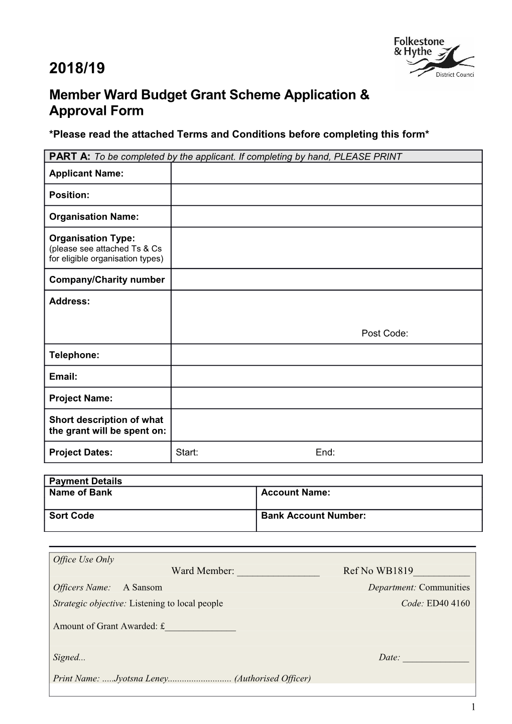 Shepway District Council Ward Budget Approval Form