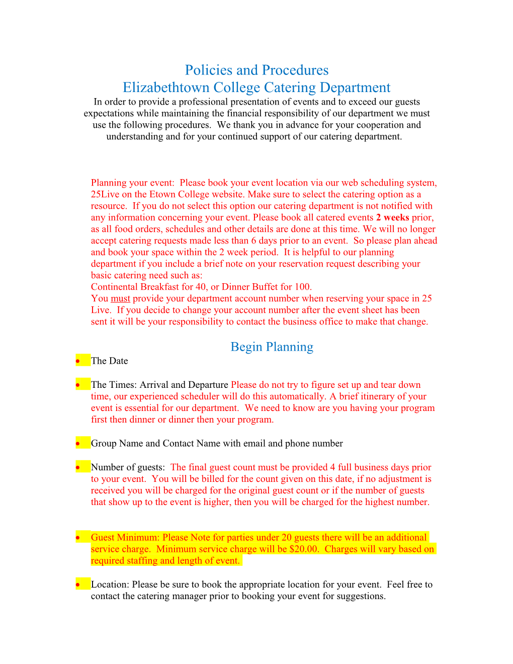 Policies and Procedures for Catering Department