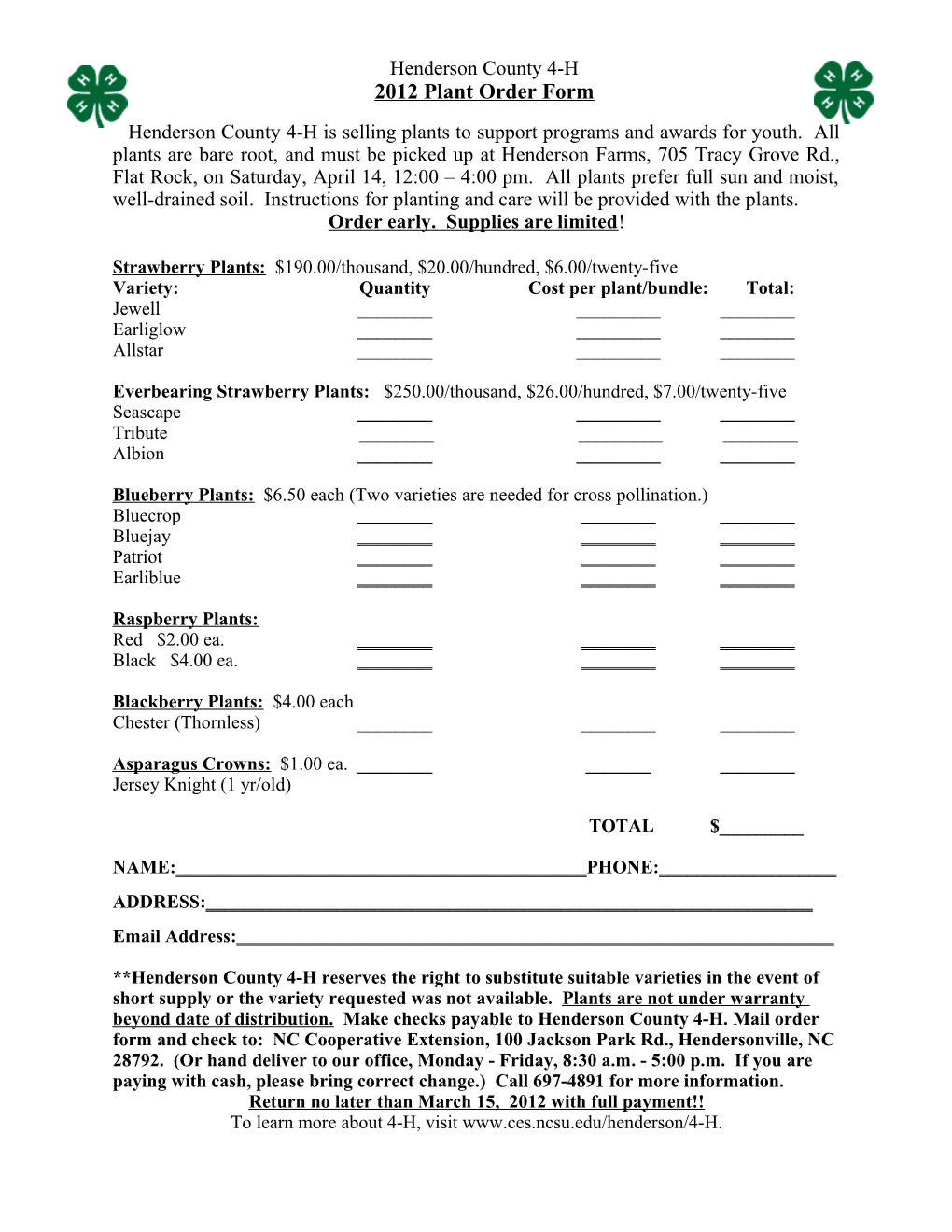 2012 Plant Order Form