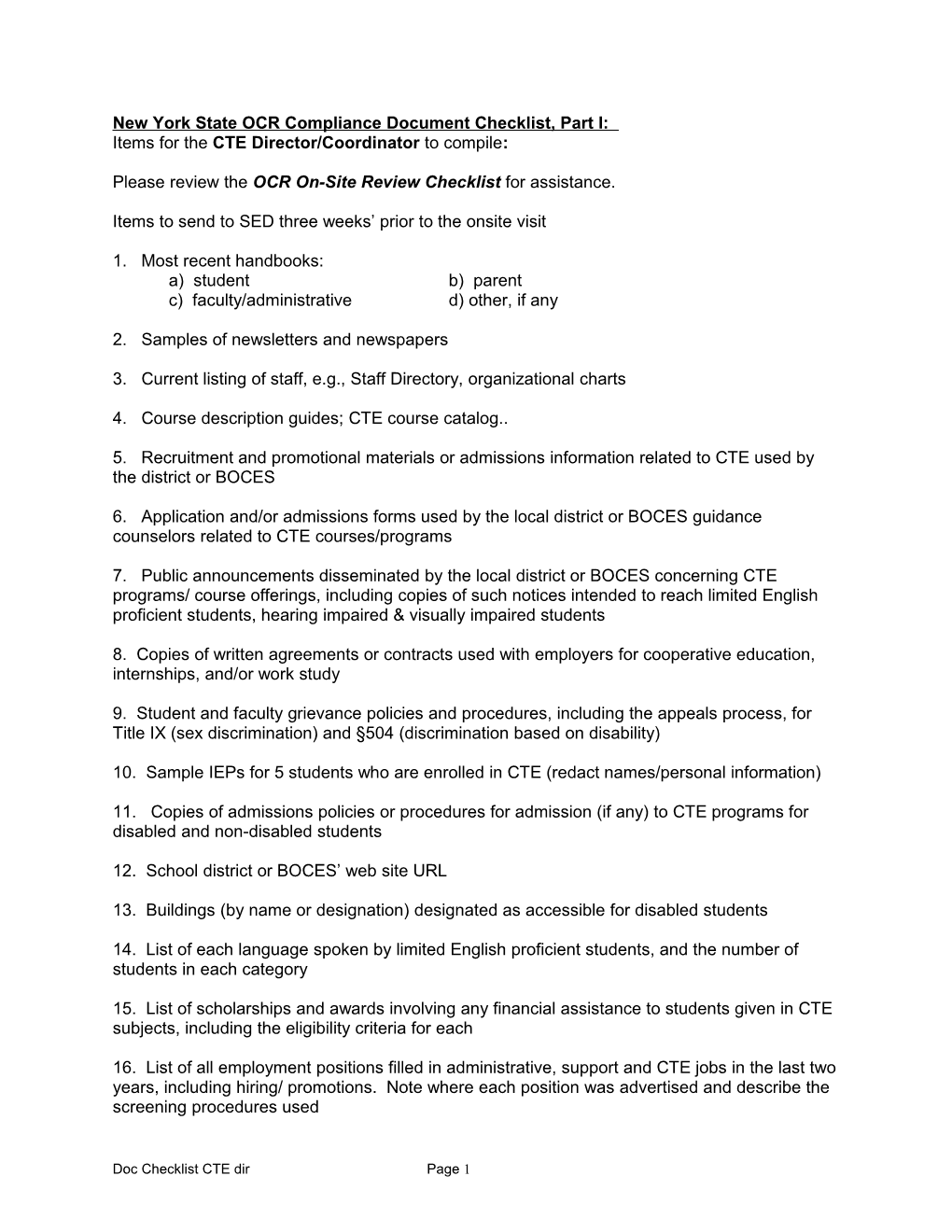 OCR Compliance Document Checklist