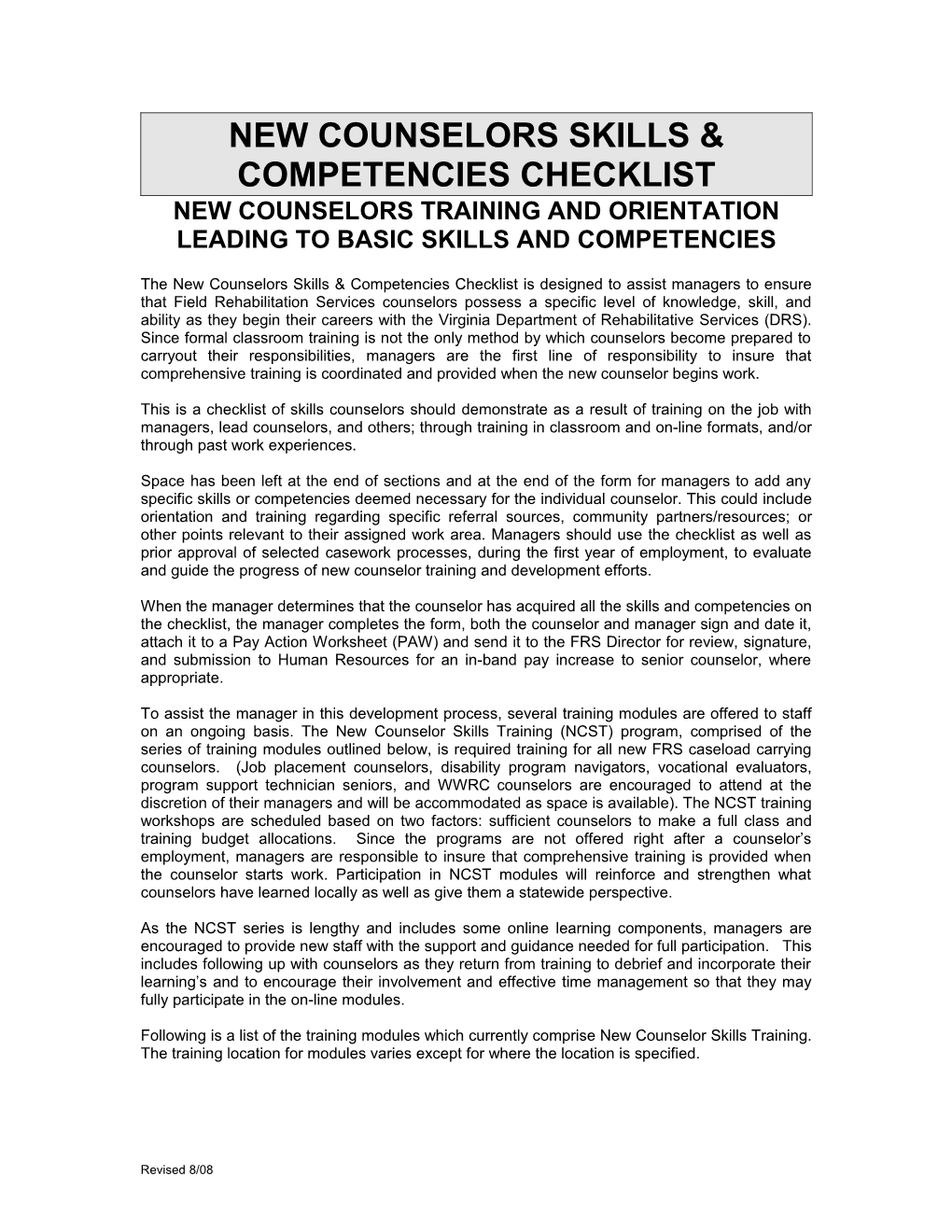 New Counselors Skills & Competencies Checklist