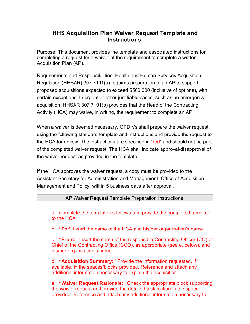 HHS Acquisition Plan Waiver Request Template and Instructions