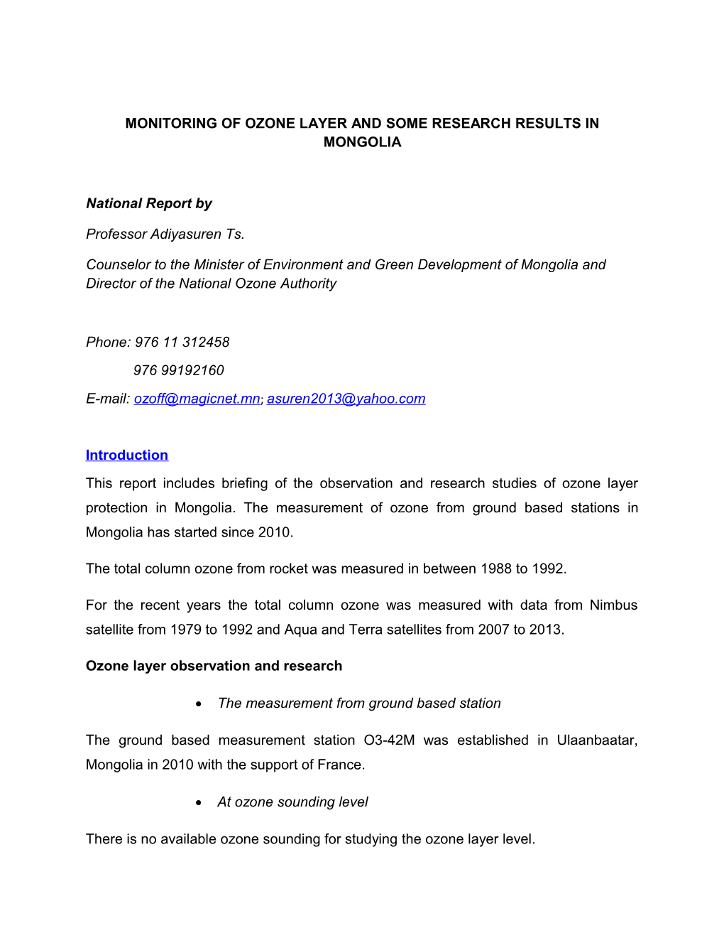 Monitoring of Ozone Layer and Some Research Results in Mongolia