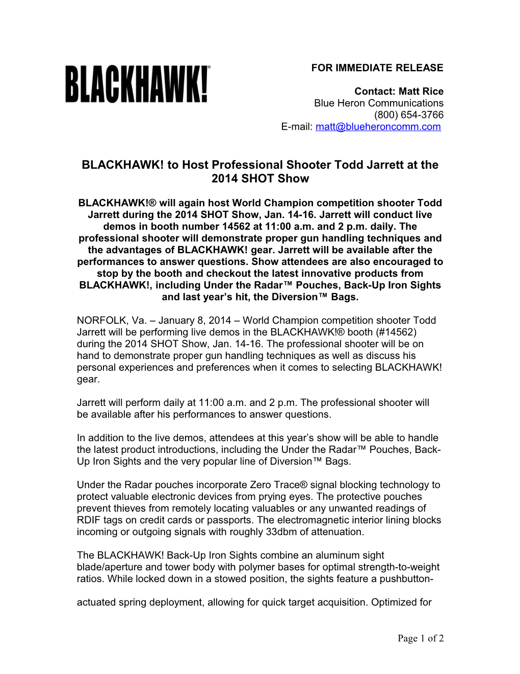 BLACKHAWK! to Host Professional Shootertodd Jarrettat the 2014SHOT Show