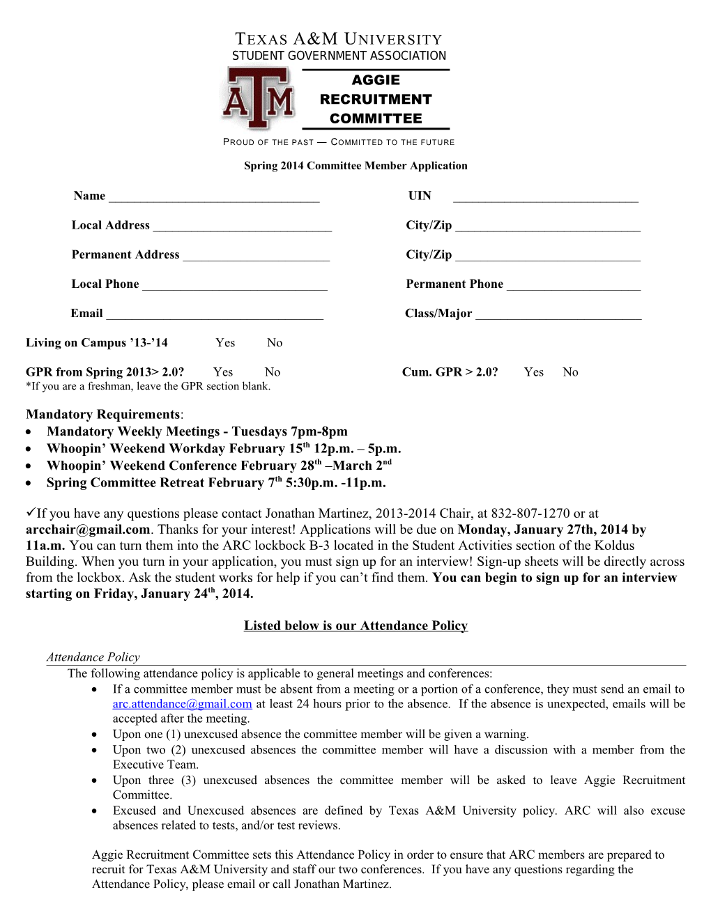 Spring 2014Committee Member Application