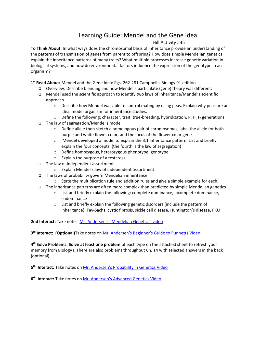 Learning Guide: Mendel and the Gene Idea